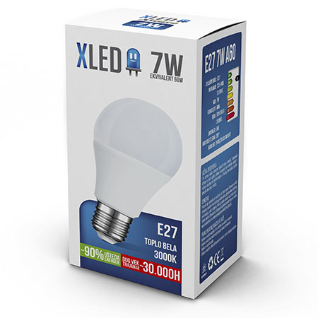 XLED (E27 7W) Led Sijalica, E27 - 7W, 220V, Toplo Bela, 3000K 