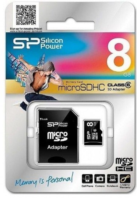 SiliconPower MicroSDHC 8GB Class 6 + SD adapter, SP008GBSTH006V10SP