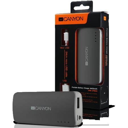 CANYON CNE-CPB44DG Dark grey color portable battery charger with 4400mAh, micro USB input 5V1A and USB output 5V1A(max.) (CNE-CPB44DG)