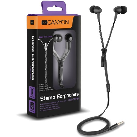 CANYON zipper cable earphones, metal housing, black. (CNS-TEP1B)