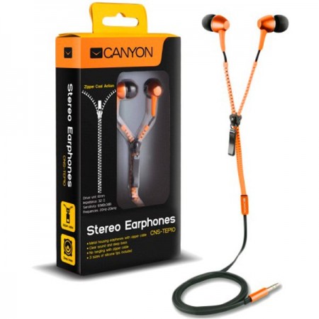 CANYON zipper cable earphones, metal housing, orange. (CNS-TEP1O)