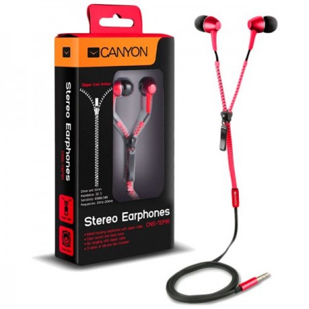 CANYON zipper cable earphones, metal housing, red. (CNS-TEP1R)