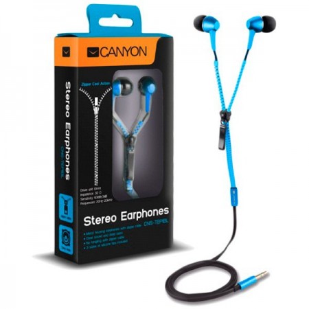 CANYON zipper cable earphones, metal housing, blue. (CNS-TEP1BL)