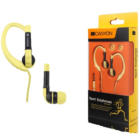 CANYON sport earphones, over-ear fixation, inline microphone, yellow (CNS-SEP1Y)