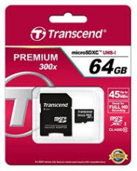 Transcend Micro SD 64 GB, Class 10, 300X, + SD adapter (TS64GUSDXC10)
