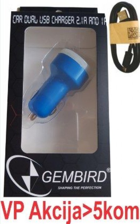 Gembird C04 (159) BLUE AUTO punjac za telefone i tablete 5v 2.1A+1A dual USB with light + micro 1M