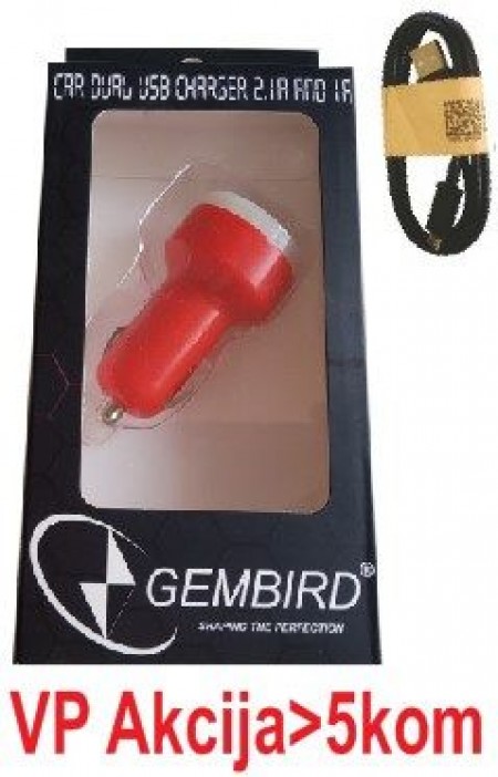 Gembird C04 (159) RED Auto punjac za telefone i tablete 5v 2.1A+1A dual USB with light + micro 1M